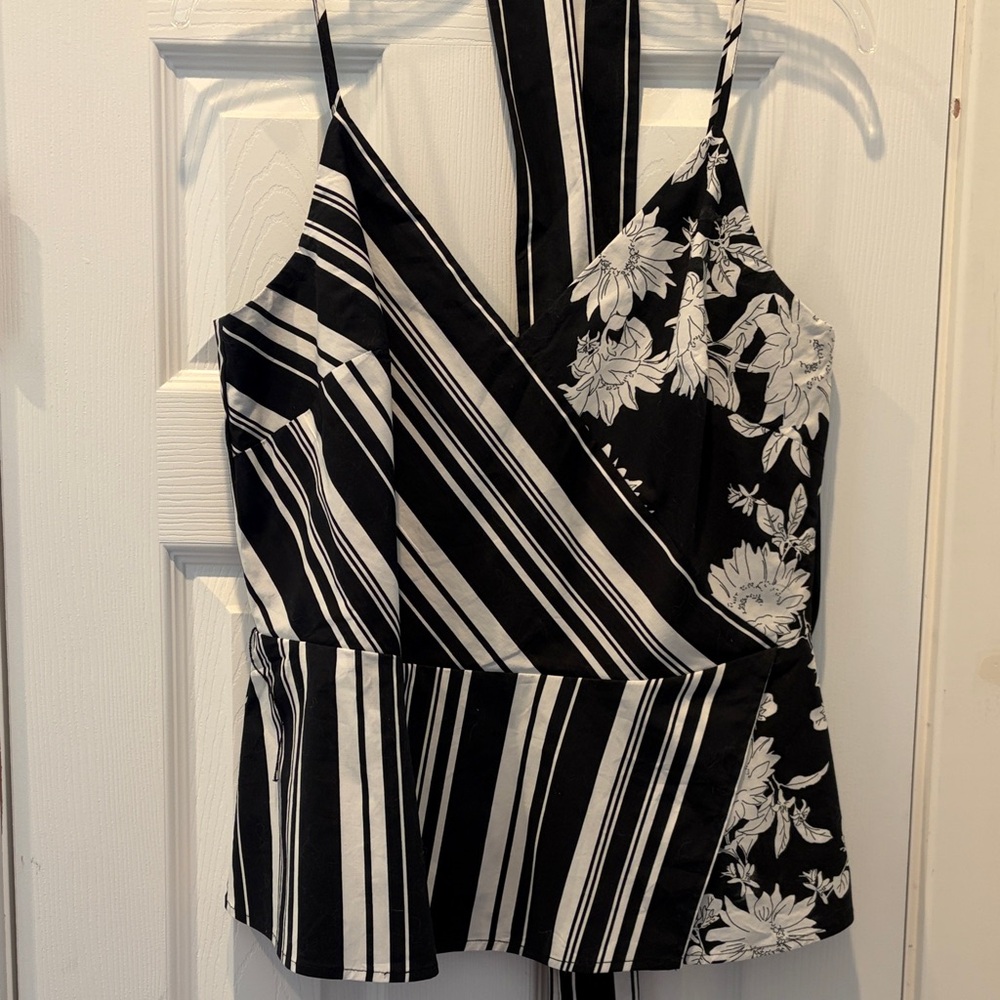 White House Black Market Black and White Floral Striped Top